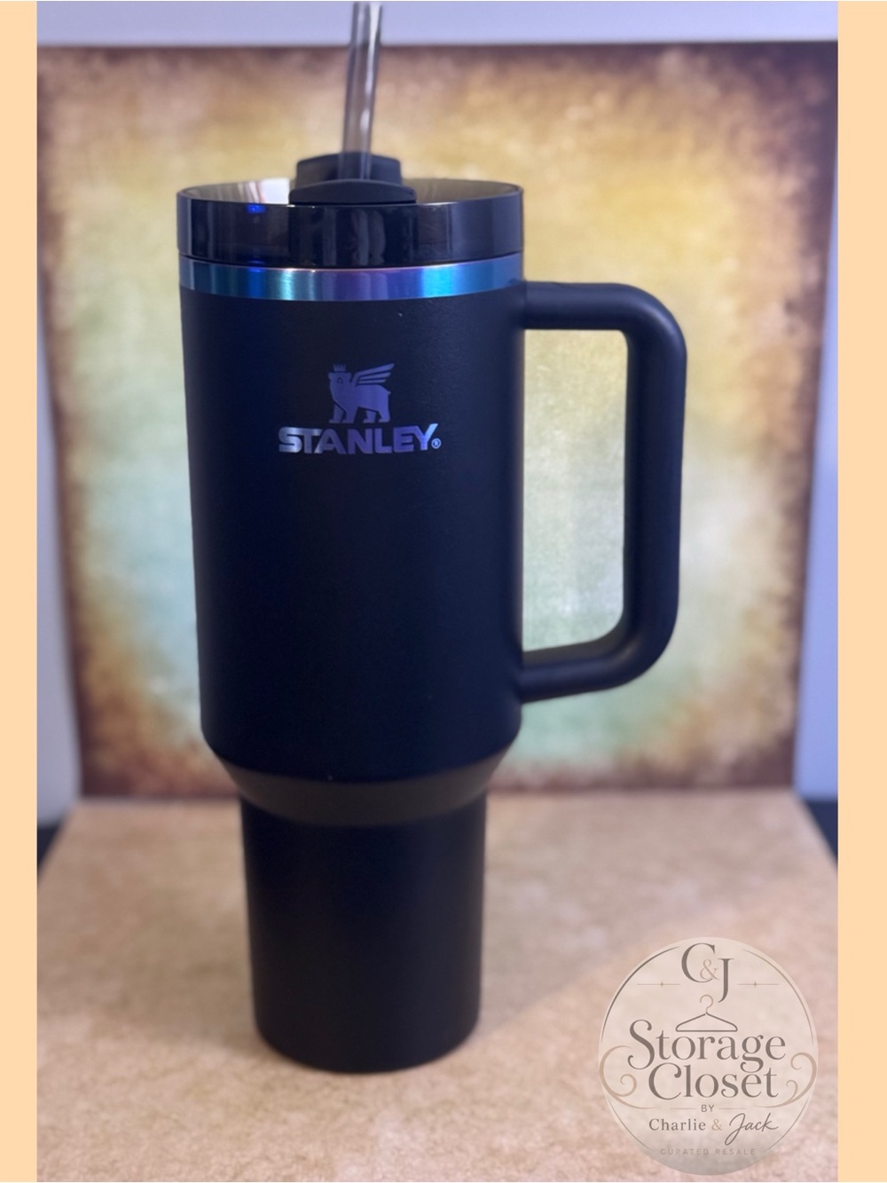 Stanley Black Tumbler with Iridescent Blue Accent and Handle